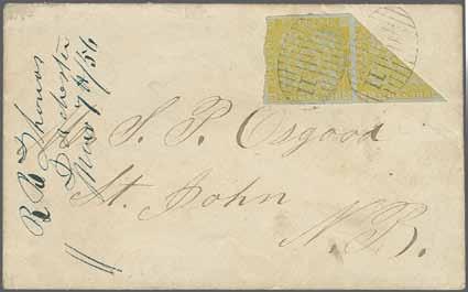 "DORCHE- STER NO 8 1856" to St. John with arrival mark. Fine and rare triple-rate letter, the only one recorded with a 6 d. bisect.