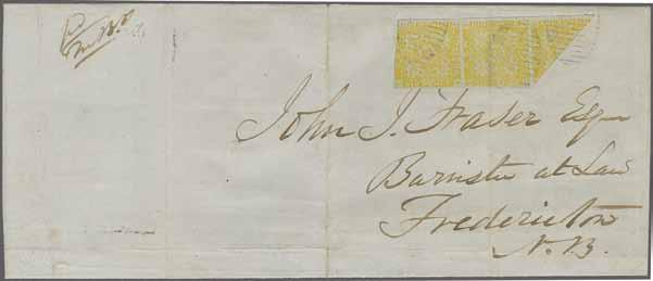 olive-yellow, diagnoal bisect in strip with 2 entire stamps, the outer one cut-into at one side, otherwise wide margins, tied by light grid cancels to