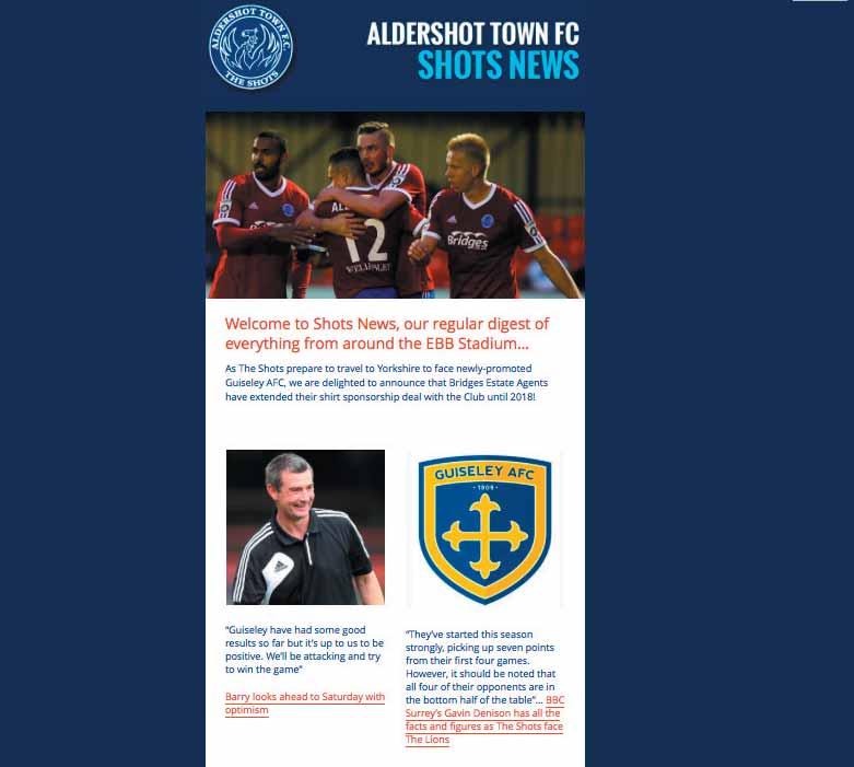 E-SHOTS Aldershot Town FC have an established database of fans and local businesses alike and with regular pre-match, post-match and monthly