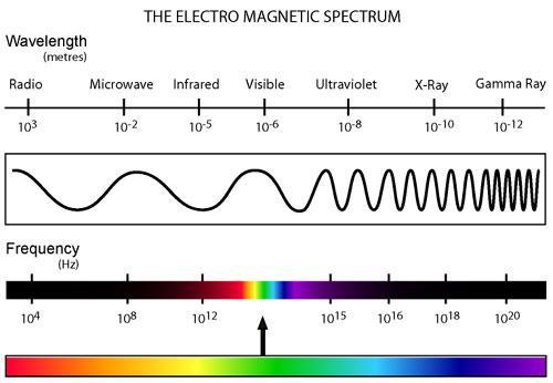 Radio waves (left) have the longest wavelength and lowest frequency and are the least harmful because they have the lowest energy.