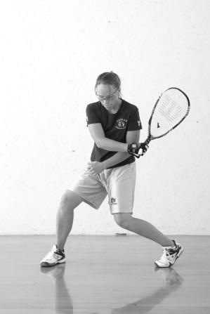 The Contact Zone. During the step and swing, ball contact will occur as the hips continue to rotate toward the front wall, followed by the elbow, and eventually the wrist and racquet.