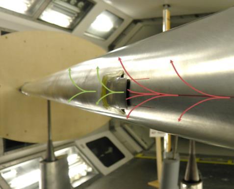 The device works by ingesting and diverting the incoming turbulent attachment line (red streamlines lines) into the Gaster slot and allows a fresh un-contaminated laminar attachment line (green