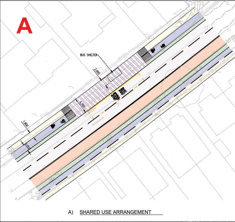 Bus Stop Options: Shared Use Arrangement Design Option Considerations: Shared surface for cycle, ped and bus users.