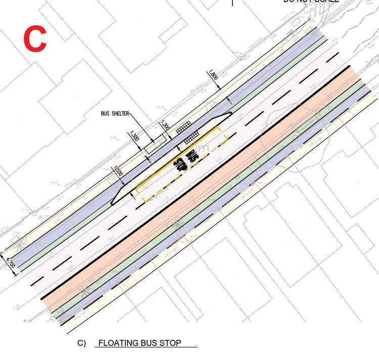Bus Stop Options: Floating Bus Stop Design Option Considerations: Segregated space for ped, cycle and bus users for cycle, Each has their own dedicated space Cycle users have priority in cycle lane