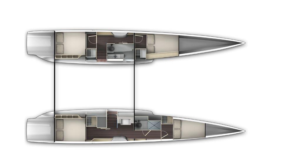 4 CABINS STARBOARD HULL COMPANIONWAY Sliding door separating the owner s hull from the saloon Wardrobe, storage Sink basin with mixer tap AFT CABIN Longitudinal berth with slatted base 195 x150cm (77