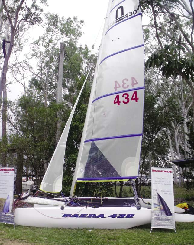 The sails are Flex Mylar and feature a large square top mainsail with a boomless sailplan making for safer sailing and easier rigging.