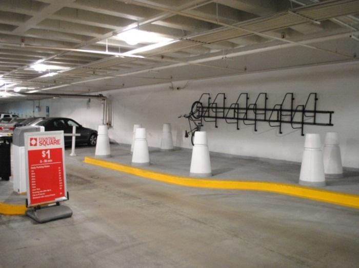 Examples of possible locations where additional Class III bicycle parking facilities within existing city parking structures: (Left) Gallery on Fulton