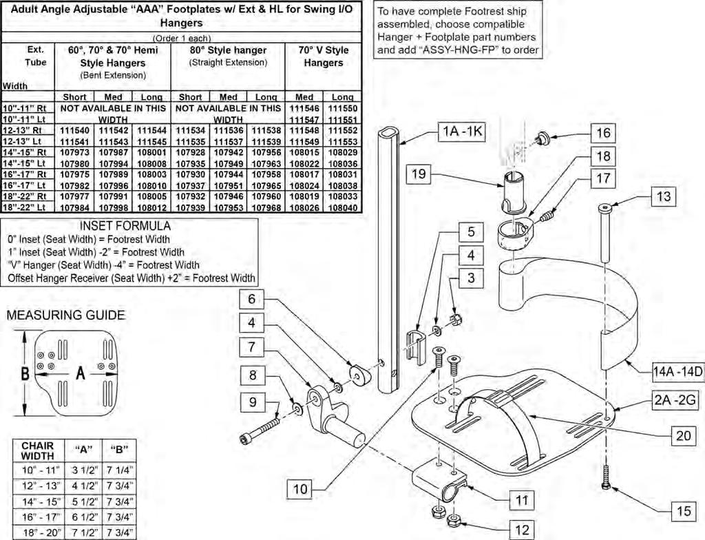 [10/2011] ADULT ANGLE-ADJ FOOTPLATE EXT MOUNT NOTE: FOOTPLATE ASSEMBLIES ARE SET TO FOOTREST WIDTH. PLEASE SEE "FOOTPLATE FORMULA" TABLE FOR SEAT WIDTH CONVERSION. Pos.
