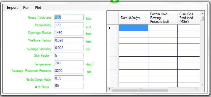 Table 1: Input Section of the Software Table 2: The Input section showing the imported data The input section contains input parameters like Gross Thickness, Permeability, Drainage Radius, Wellbore