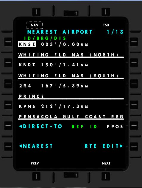 Proceeding direct to an airport using the NEAREST function. A list of the nearest airports (13 pages in this case) will be displayed.