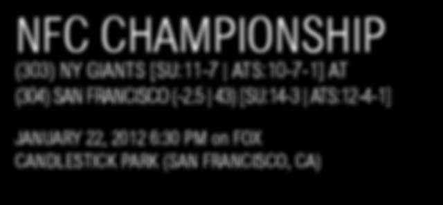 NFC CHAMPIONSHIP (303) NY GIANTS [SU:11-7 ATS:10-7-1] AT (304) SAN FRANCISCO (-2.