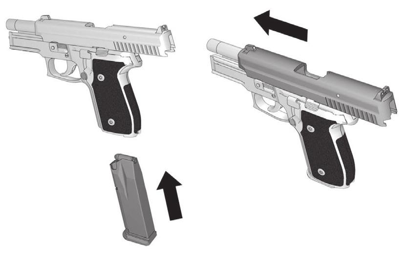 3. Insert a loaded magazine, making sure it is engaged. 4. Release the slide by: a. Pressing down on the slide catch lever or, b.