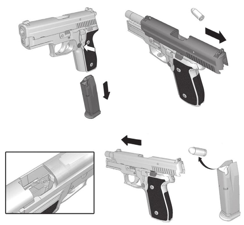6.0 Unloading the Pistol 6.1 Unloading the Pistol (Magazine not Empty) 1. Keep the muzzle pointed in a safe direction. 2. Depress the magazine catch and remove the magazine. 3.