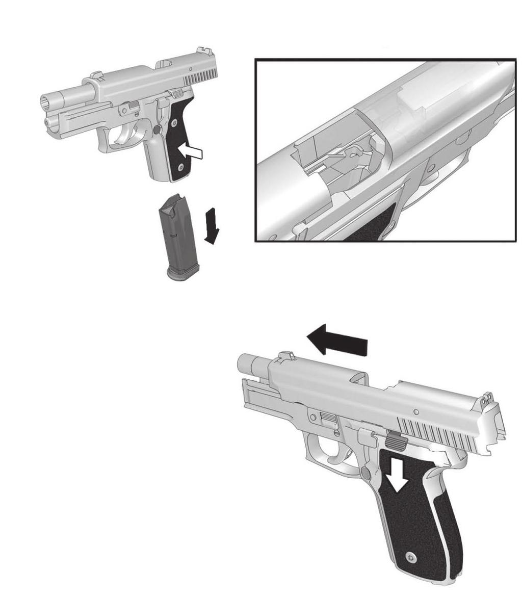 6.2 Unloading the Pistol (Magazine Empty, Slide Locked to the Rear) 1. Keep the muzzle pointed in a safe direction. 2. Depress the magazine catch and remove the magazine. 3.
