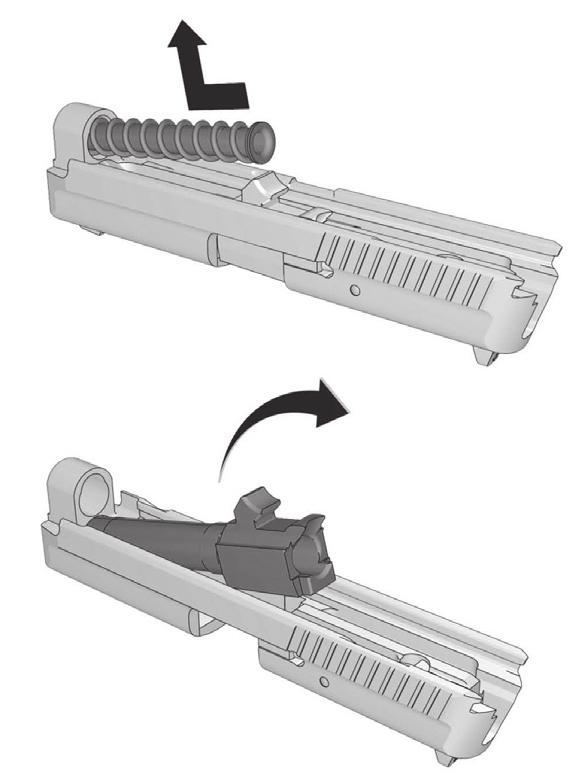 W WARNING The recoil spring and guide are under spring tension and not firmly attached to the slide. Use caution to prevent injury or damage to the pistol. Wear eye protection. 7.