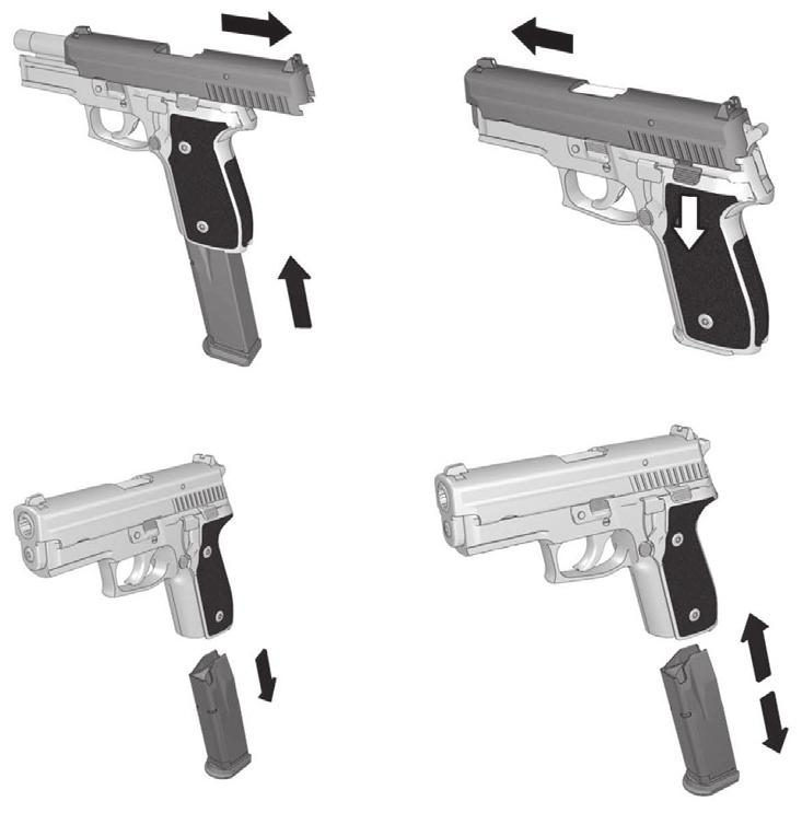 4. Check slide catch lever. a. Insert an empty magazine. b. Retract the slide fully and release. c. Verify the slide is locked to the rear by the slide catch lever. d. Depress the slide catch lever.