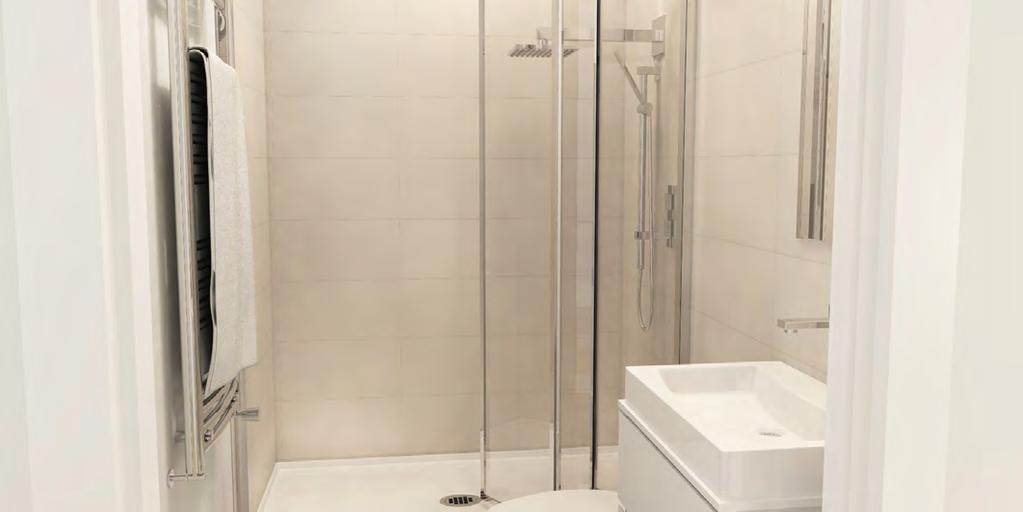Molara matt porcelain tiles Chrome finish shower valve combined with fixed head and shower arm Stone resin shower trays Fixed panel glass shower screens White WC with soft close seat Gloss white wall