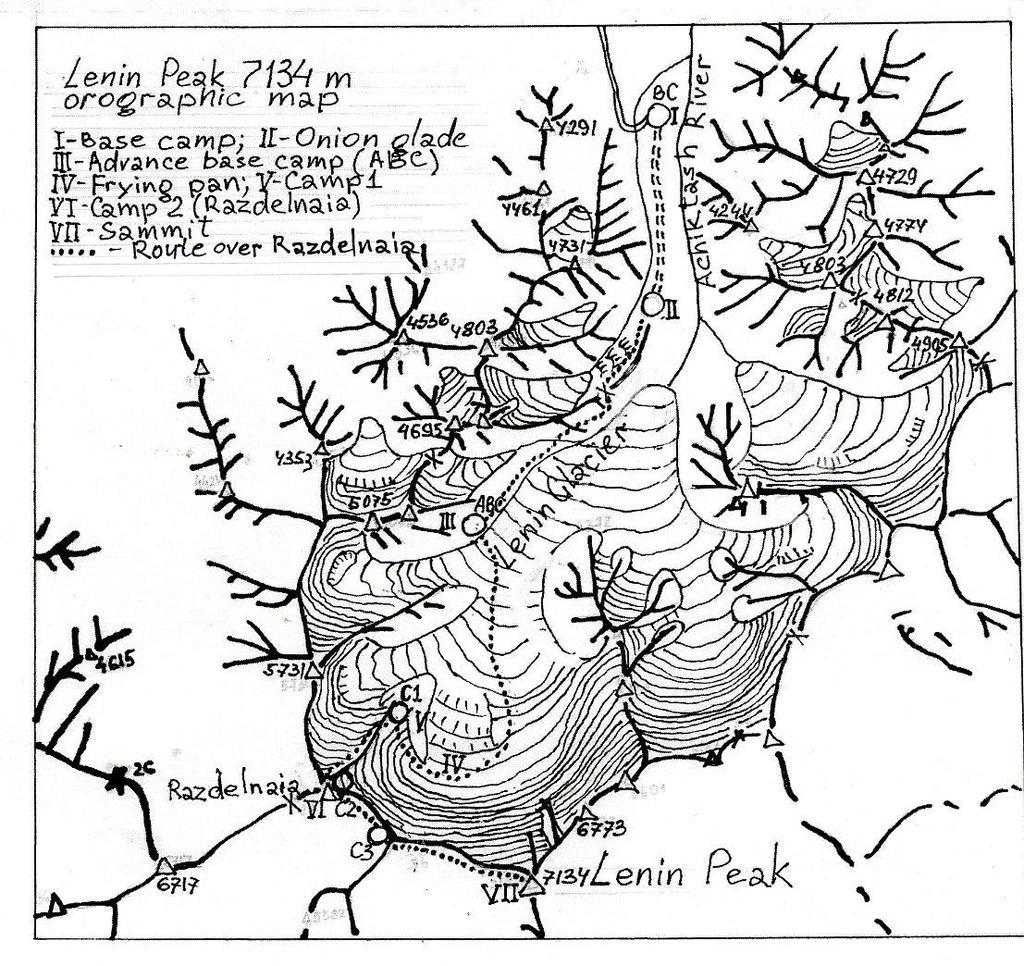 Fig 2. Orographical map of Lenin Glacier area. АВС, 4300m Camp 1 (С1), 5200m.