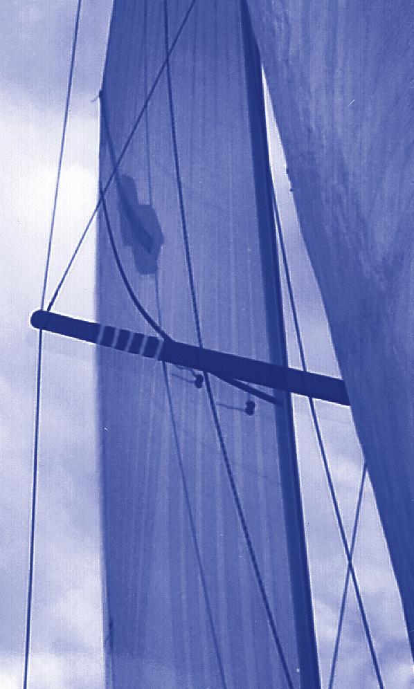 Either the mainsheet trimmer or helmsperson sitting on the weather rail can see the Fig. 3 jib leech through the spreader window in the main.