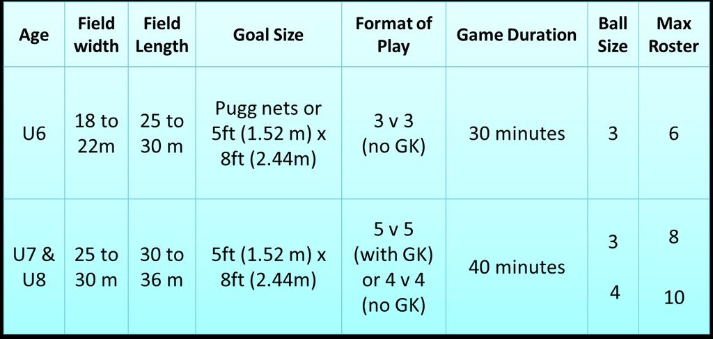 The table below shows the format of play, field dimensions,