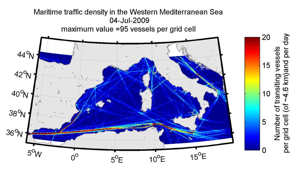 vessel width of 19 m, this traffic density represents a daily crossing surface of about 5.23 km 2 or 25% of the cell surface.