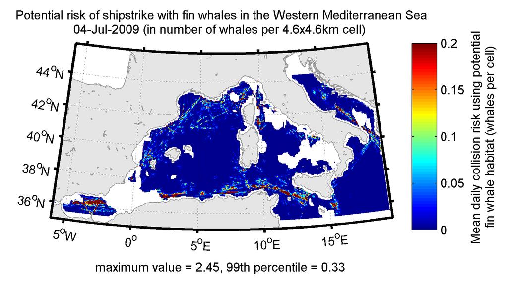 The potential habitat of fin whales as shown in figure 7 is a composite of three days centered on the 4 th of July 2009 (July 3 to 5 th ).