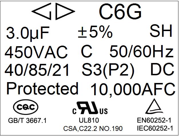 Marking Marking Introduction: sign explain sign explain Brand SH Self-healing capacitor Type S3(P2) Class of safety protection 450VAC Rated voltage CQC Approved and apply standard 3.