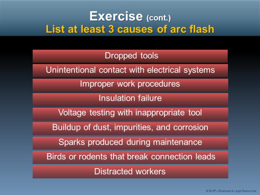 Now, see if you can remember at least three causes of arc flash.