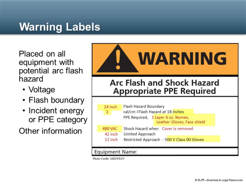 Warning labels are placed on all electrical equipment that poses a potential shock and arc flash hazard.