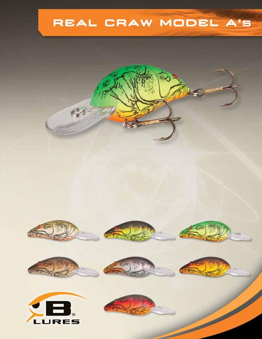 3 B04A OKIE CRAW MODEL NAME SIZE SIZE WEIGHT WEIGHT HOOK CRANKING (in) (cm) (oz) (g) SIZE DEPTH BO4A Model A 2 1/8 5.40 5/16 8.2 #6 Tx3 3-6 Available in all shown colors.