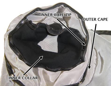 The inner collar is attached to the outer cape by way of a zipper arrangement. Simply unzip the inner collar to remove it from the outer cape.