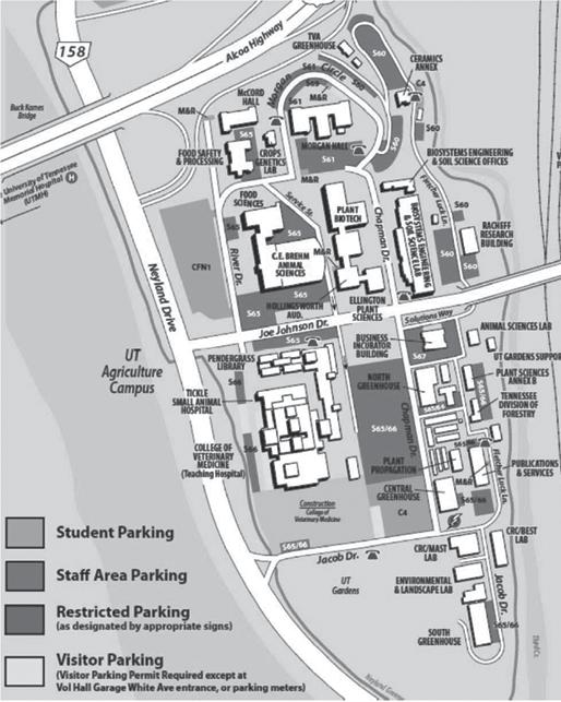 Take the Neyland Drive exit and turn left onto Neyland Drive. Turn left at next traffic light onto Joe Johnson Drive on the Agriculture Campus (Agriculture Campus sign on right).