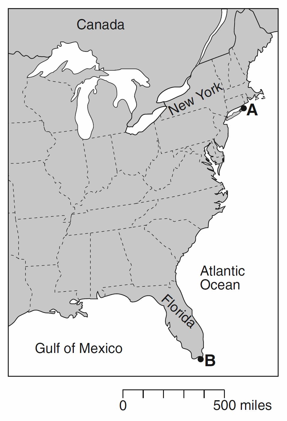 13.The map below shows an eastern portion of North America. Points A and B represent locations on the eastern shoreline.