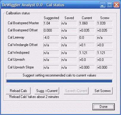 Suggested cals can be transferred to the Current state (soft cal). These are the numbers which were in effect during the last DeWiggler session.
