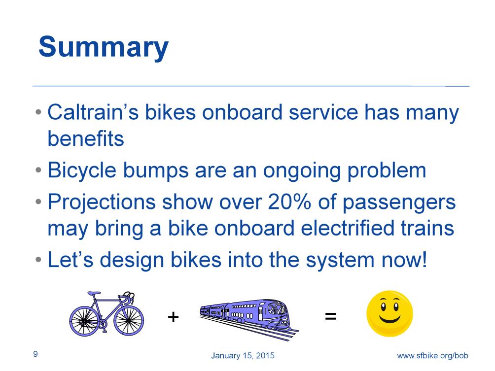 Caltrain s bikes onboard service has economic, environmental, and social benefits. Caltrain is doing the right thing by continuing to expand the service.