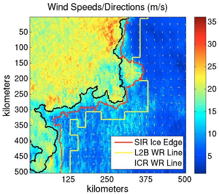Ice Contamination Wind Mitigation Eliminates ice winds and enables retrieval nearer to sea ice Similar to near-land approach, but using Bayes sea ice maps Both L2B and UHR winds available in BYU