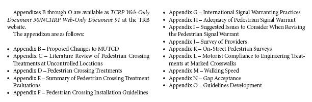 Supporting Appendices Appendix A Guidelines for Pedestrian Crossing Treatments Appendix B Proposed Changes to the MUTCD Appendix C Literature