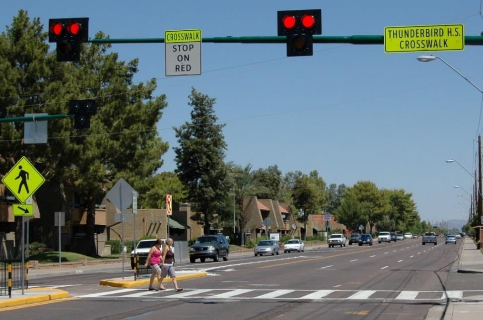Pedestrian Hybrid Beacons and Pedestrian Signals Must meet MUTCD warrants. Must have R10-23 sign.