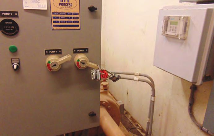 This photo shows the lockout/tagout installed by David Snow, city of Logan, Kan. to lock out the pumps at a lift station prior to adjusting the impeller clearances.