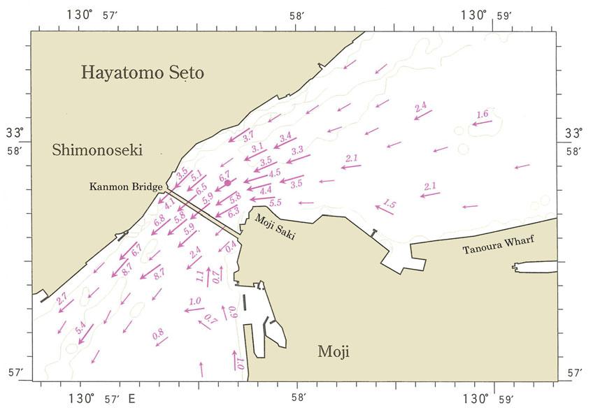 (Reference)Tidal current chart at Hayatomo Seto at the peak of westgoing currents 6.