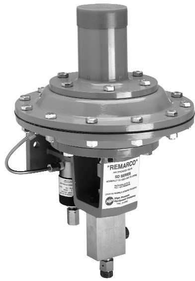 An electrical solenoid valve for the air supply is provided with all Remarco valves and is mounted directly to the valve. The standard solenoid is 20 volt, 60 cycle, watts with NPT air inlet.