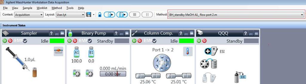 Then; 10. Confirm that the current method is BH_standby MeOH A1_flow port 2.m. 11.