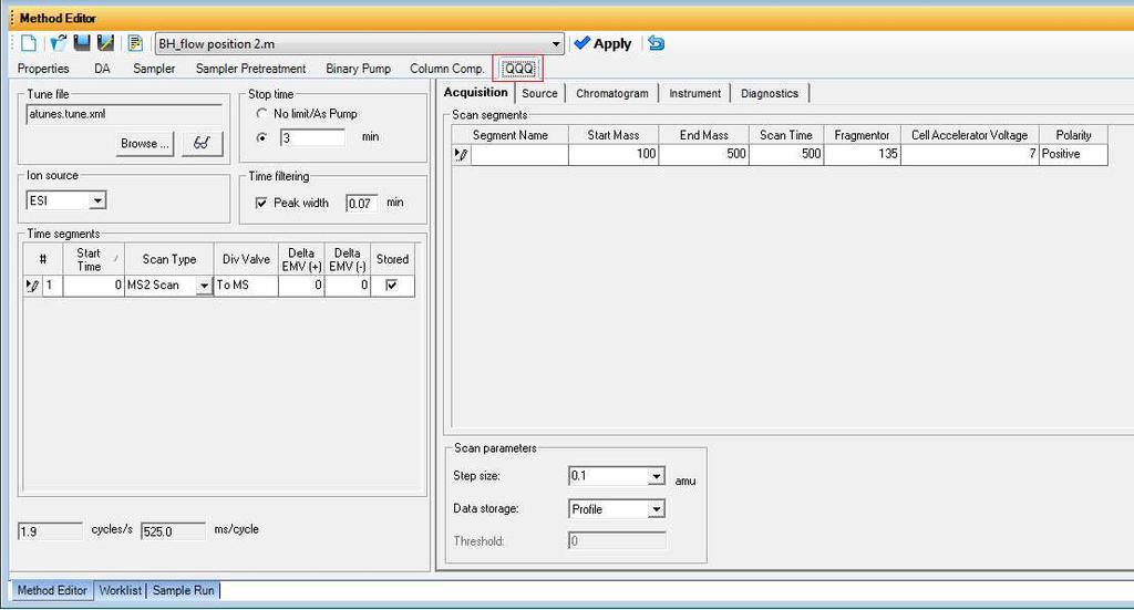 21. Modify your MS method so it accommodates ionisation of your target compound. This is done in the Method editor panel under QQQ. In the Method Editor panel choose your desired scan type.