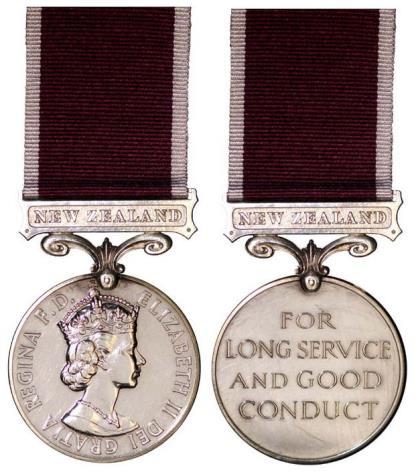 THE NEW ZEALAND ARMY LONG SERVICE and GOOD CONDUCT MEDAL A circular, silver medal, bearing on the obverse the Crowned Effigy of the Sovereign, and on the reverse the inscription 'FOR LONG SERVICE AND