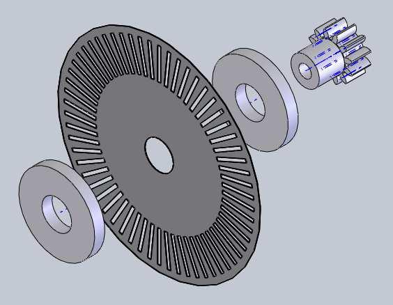 The inner disc is smaller than the two outer ones, creating a groove to retain the tyre. A laser-cut 80-tooth MOD 0.5 spur gear is also attached to the wheel.