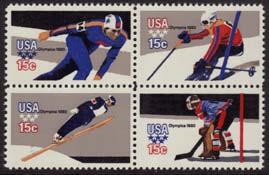 10 1795-98 1980 15 Winter Olympics, Lake Placid, NY: Speed Skating, Downhill Skiing, Ski Jump, Hockey, Perforated 11x10½, Block of 4... (50) 22.75 (12) 6.75 2.
