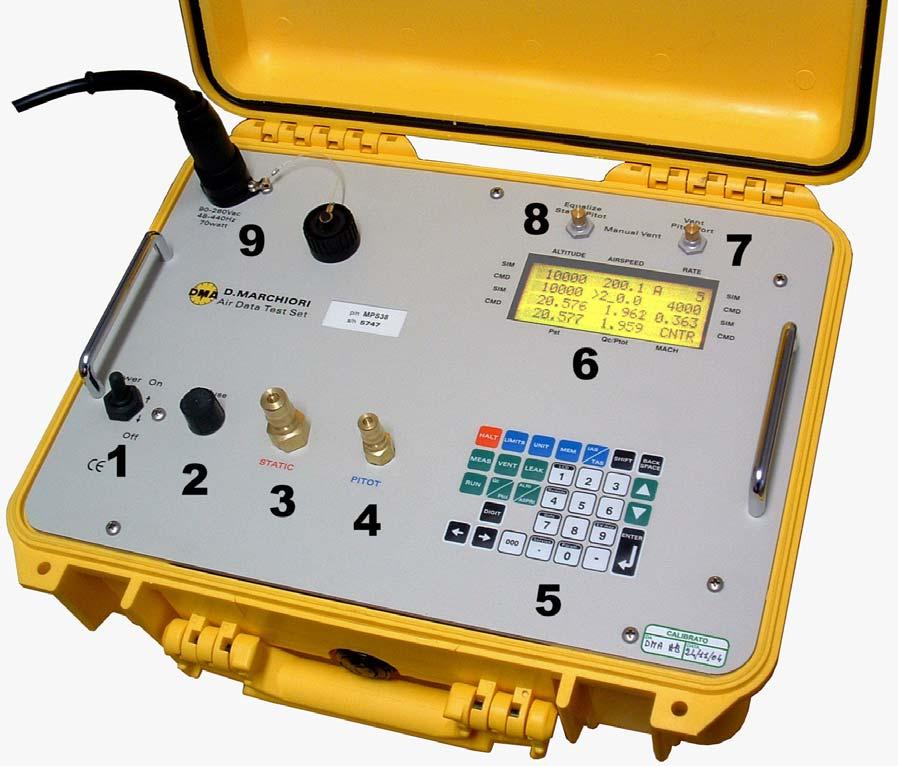 FIG.1 AIR DATA TEST SET MPS 38T 1. AC power switch 8. Static manual vent 2. Fuse 9. AC Power connector 3.
