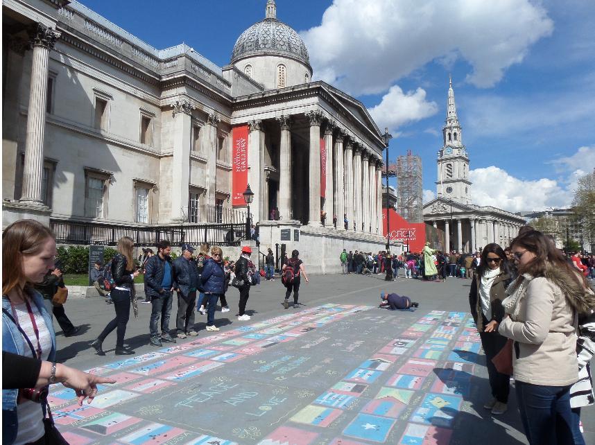 This will bring you out onto Trafalgar Square. Trafalgar Square is normally buzzing with activity.