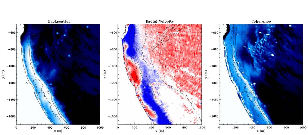 Figure 1: Ten-minute time exposures of Doppler radar data collected over Scripps Canyon and Black's Beach on 31 Oct 2003 at 1600 GMT.