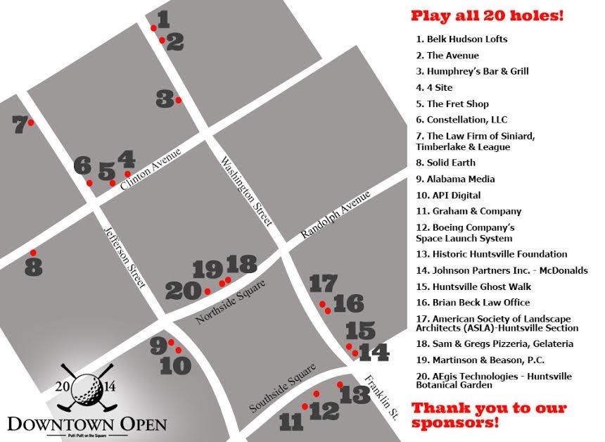 The entire Downtown Open was located within a 6-square block area in the core of Downtown and around the historic Downtown Square All holes